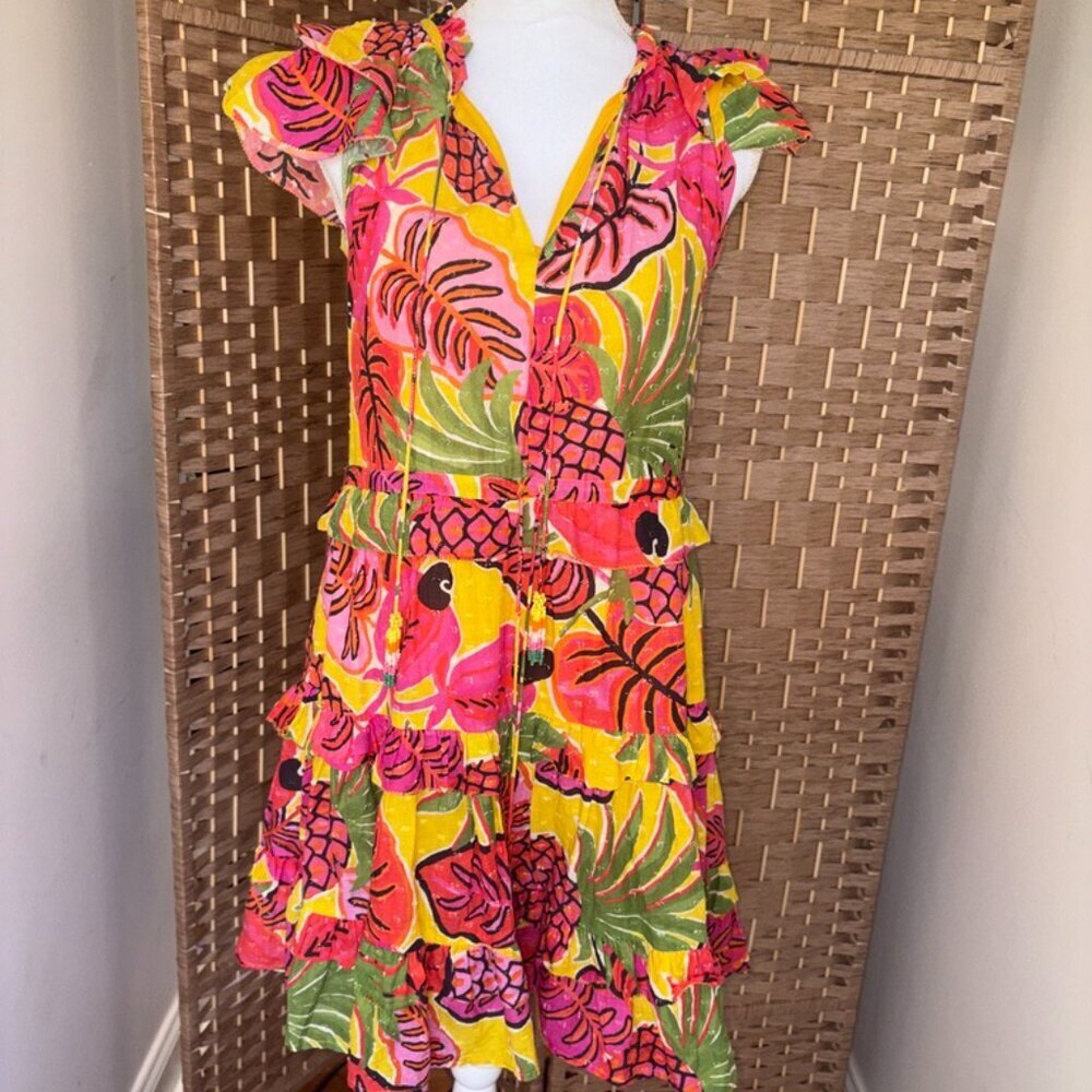 FARM Rio Fruit Dream Ruffle Mini Dress Tiered Tassel Beaded Tropical XS - Picture 2 of 14